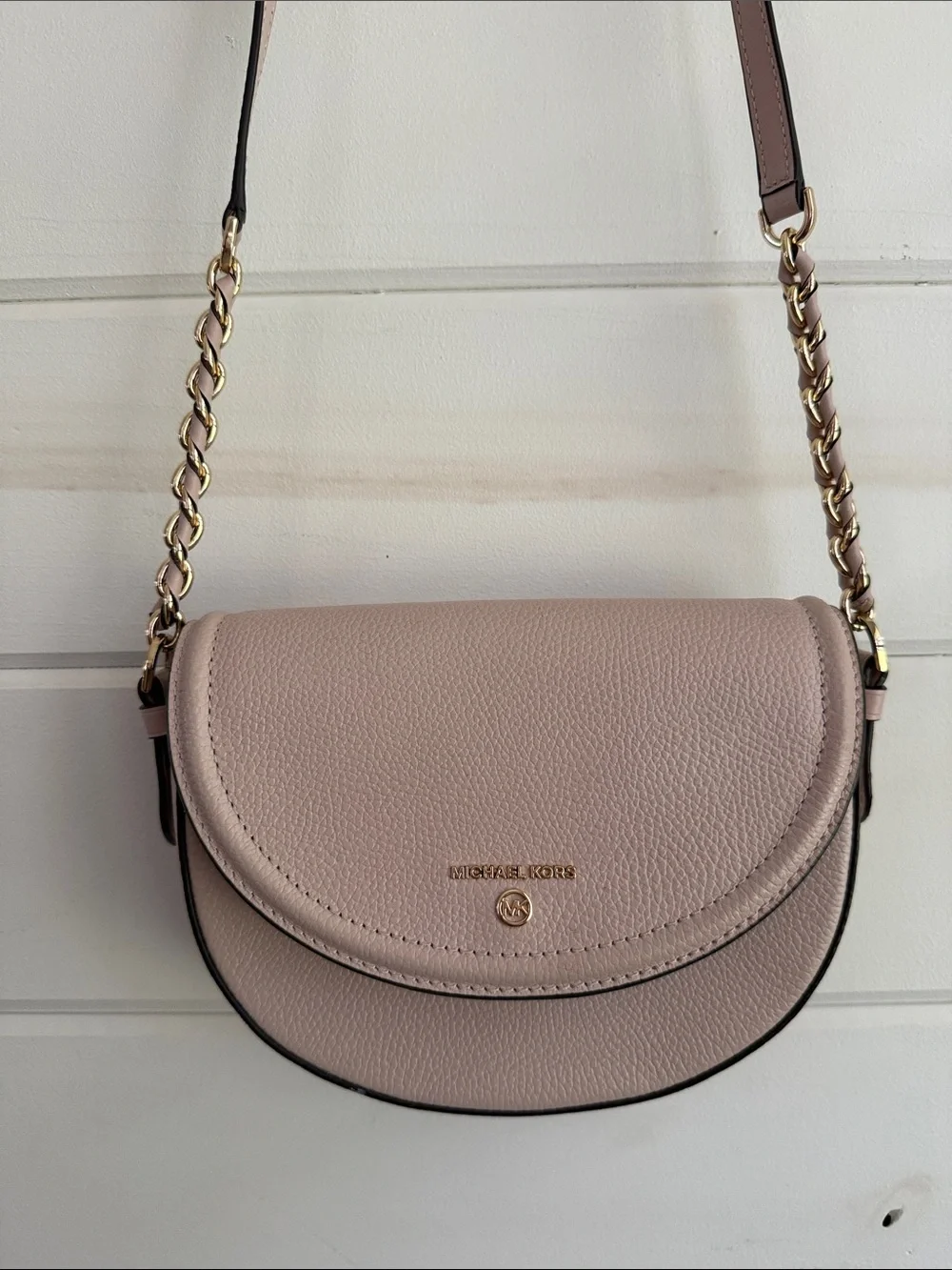 Michael Kors Pink Pebbled Leather Saddle Crossbody with Gold Chain